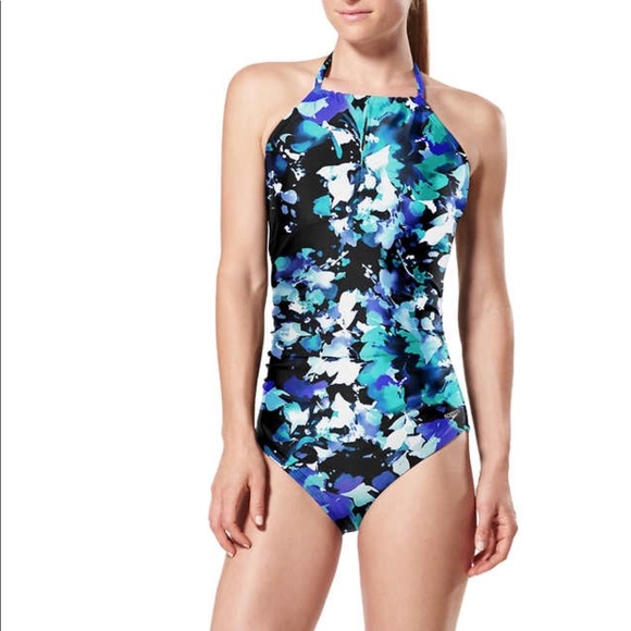 NWT Speedo Open Back Blue Green Black One Piece - Picture 2 of 4